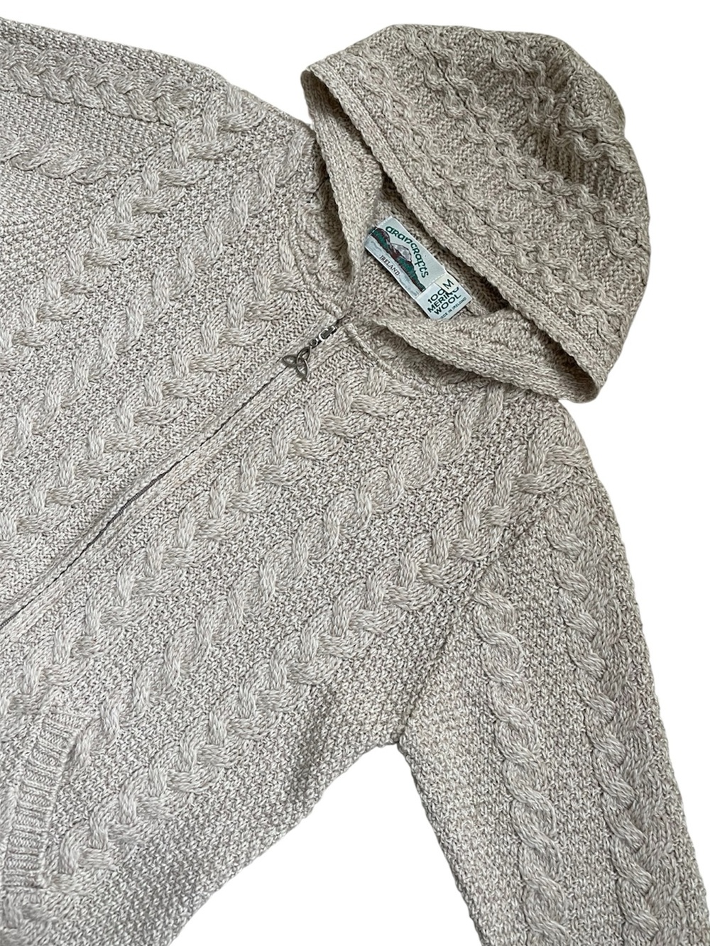 Aran Crafts Irish Merino Wool Hooded Cardigan Zipper Pull Cable Knit Celtic - Picture 5 of 12